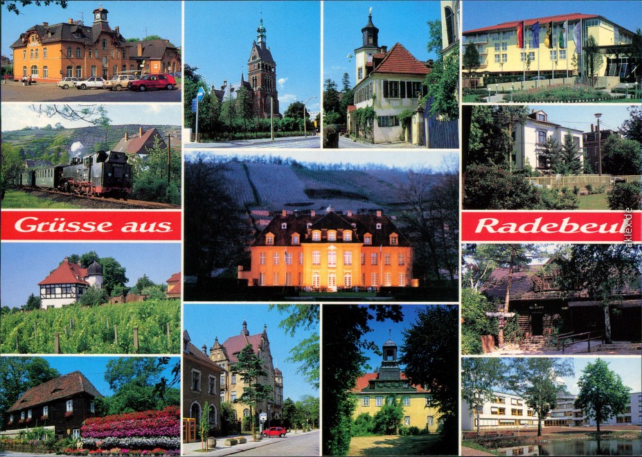 zoom: Image side vintage Postcard from 1995: Bahnhof, Kleinbahn, Hoflößnitz, Winzerhaus, Luther-Kirche, Schloß uvm.:: Radebeul