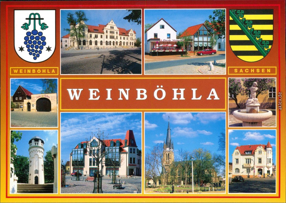 zoom: Image side vintage Postcard from 2001: Zentralgasthof, Eiscafé, Peterkeller, Brunnen, Friedensturm:: Weinböhla