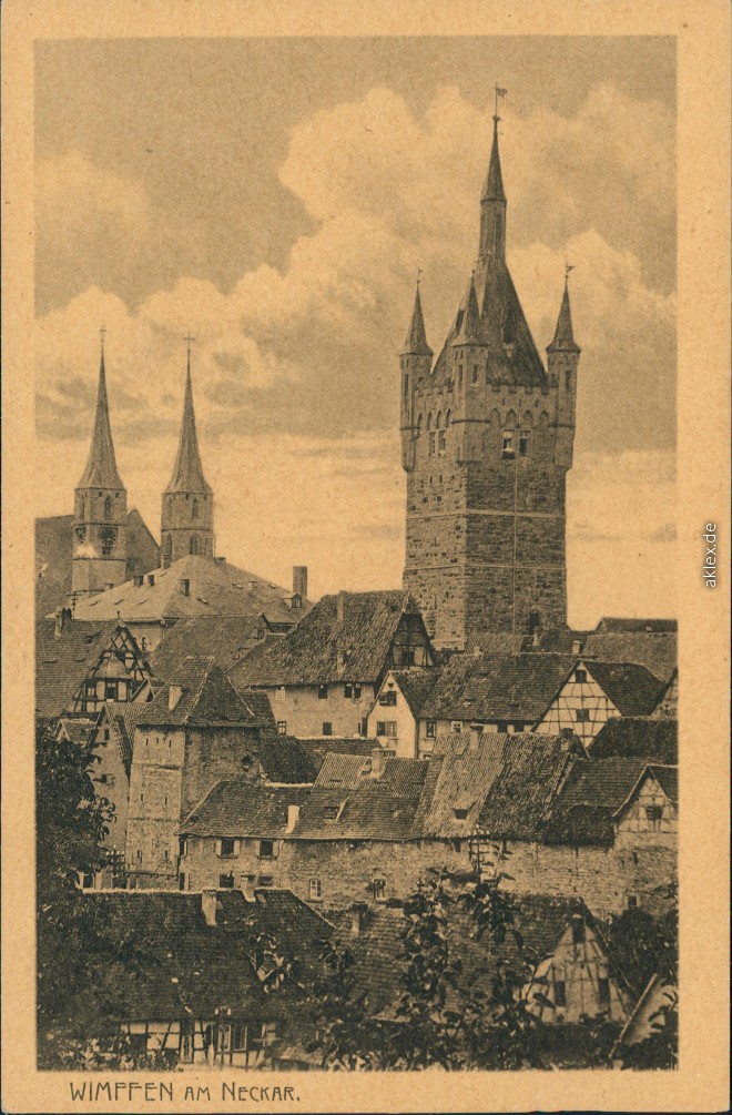 vergrößern: Bildseite historische Ansichtskarte von 1927: Kirche, Turm, Wohnhäuser:: Bad Wimpfen