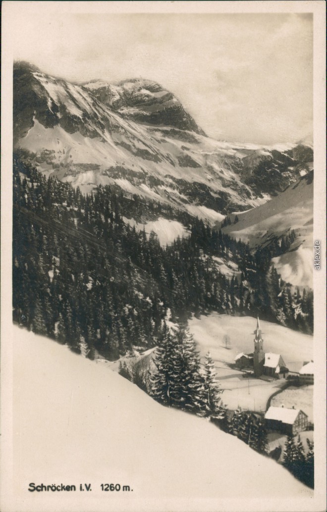 zoom: Image side vintage Postcard from 1930: Blick auf die Stadt im Winter:: Schröcken
