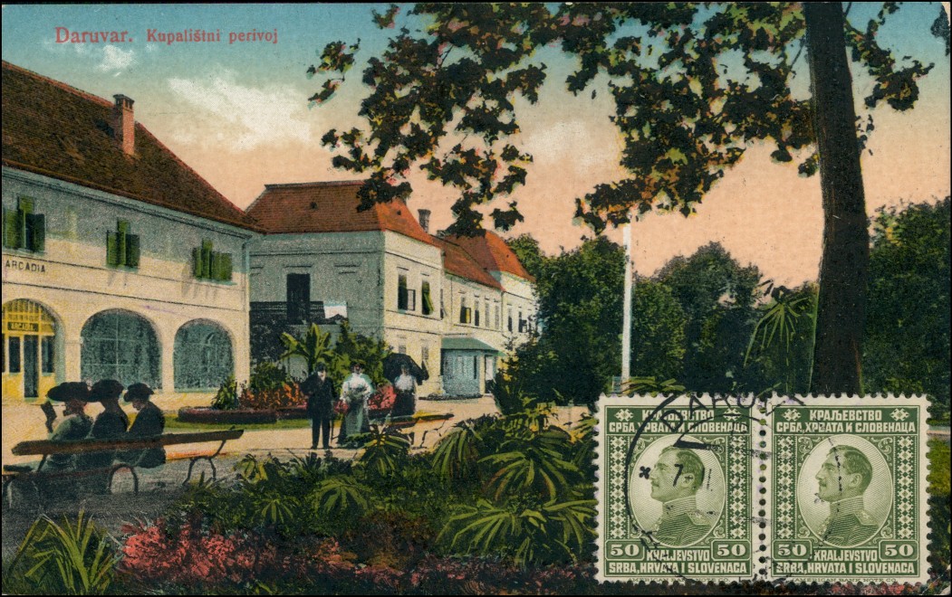 vergrößern: Bildseite historische Ansichtskarte von 1914: Straßenpartie - kupalistni perivol:: Daruvar