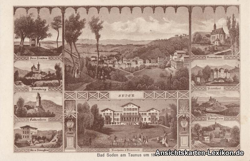 vergrößern: Bildseite historische Ansichtskarte von 1923: um 1855 - Mehrbild AK:: Bad Soden am Taunus