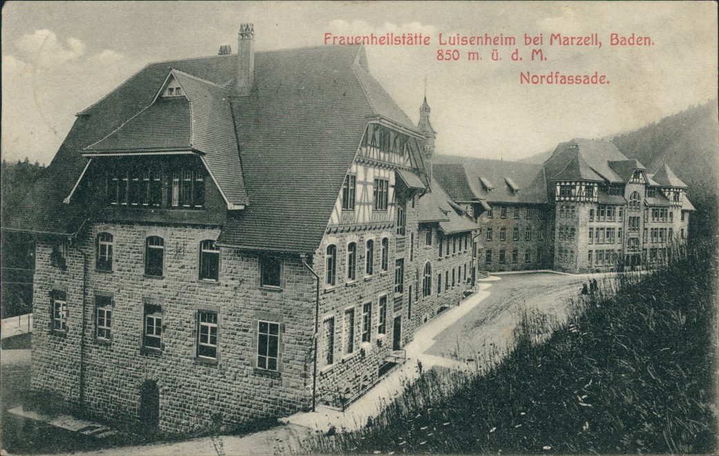 vergrößern: Bildseite historische Ansichtskarte von 1908: Nordfassade Frauenheilanstalt Luisenheim:: Malsburg-Marzell