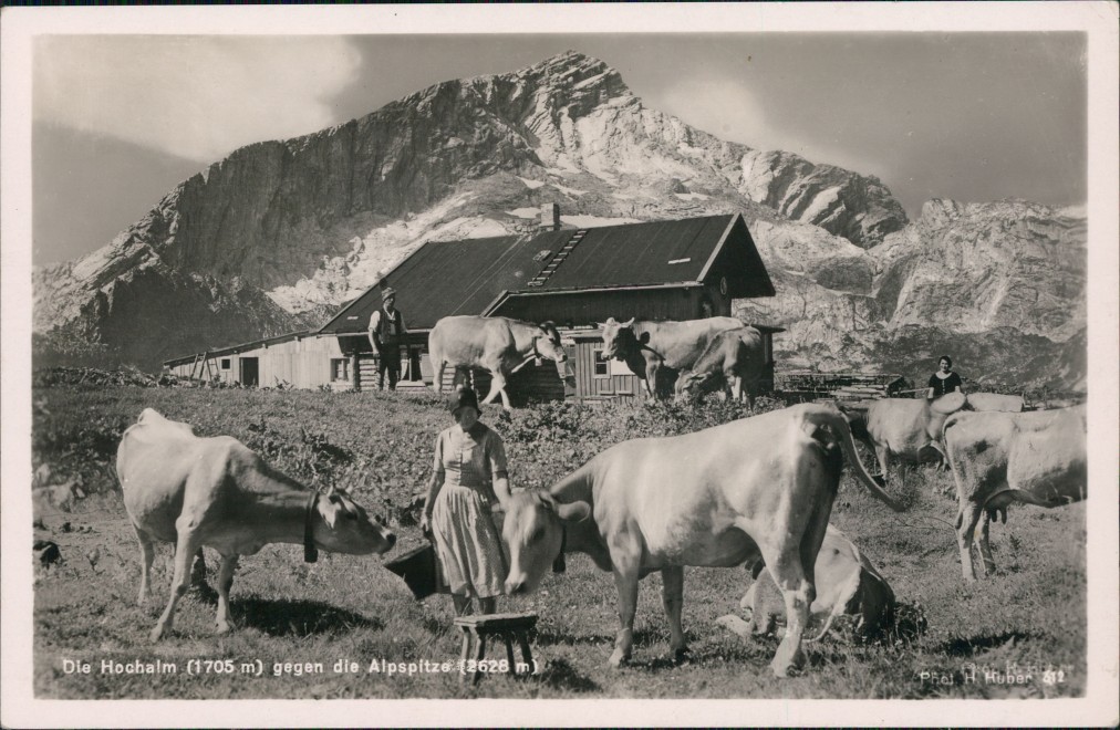 zoom: Image side vintage Postcard from 1932: Die Hochalm - Kühe Bäuerin:: Garmisch-Partenkirchen