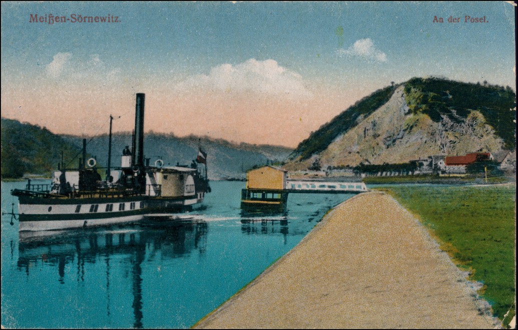 vergrößern: Bildseite historische Ansichtskarte von 1918: Elbdampfer, an der Posel:: Schöna-Sörnewitz-Coswig (Sachsen)