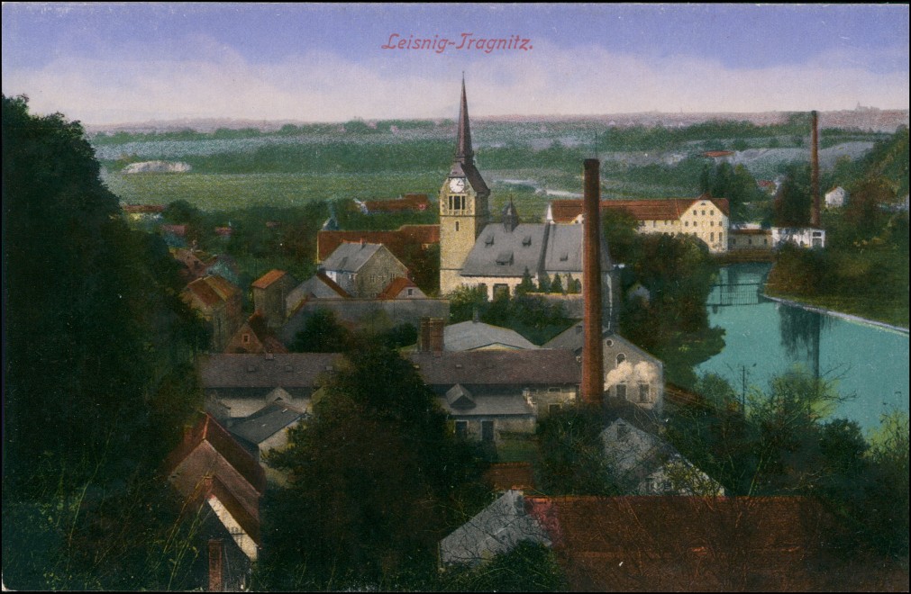 vergrößern: Bildseite historische Ansichtskarte von 1913: Stadt und Fabrikanlagen:: Tragnitz-Leisnig