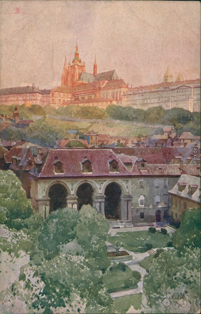 vergrößern: Bildseite historische Ansichtskarte von 1918: Blick zur Burg Künstlerkarte:: Burgstadt-Prag