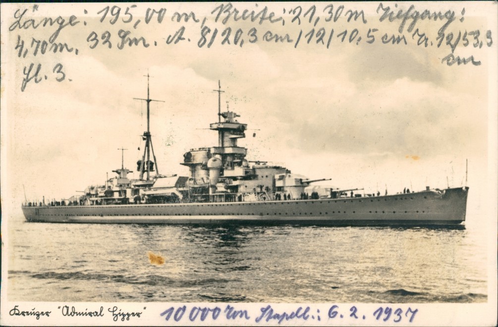 vergrößern: Bildseite historische Ansichtskarte von 1939: Marine-Ausstellung NS Deutschen Marinebundes: Kreuzer Admiral Hipper::