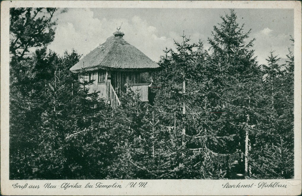 vergrößern: Bildseite historische Ansichtskarte von 1932: Neu Afrika Storchnest Pfahlbau:: Ahrensdorf-Templin