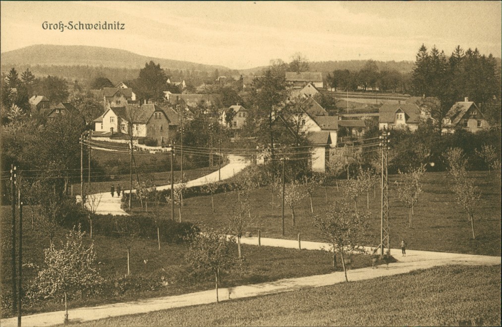 vergrößern: Bildseite historische Ansichtskarte von 1914: Straßenpartie zur Stadt:: Großschweidnitz (OL)