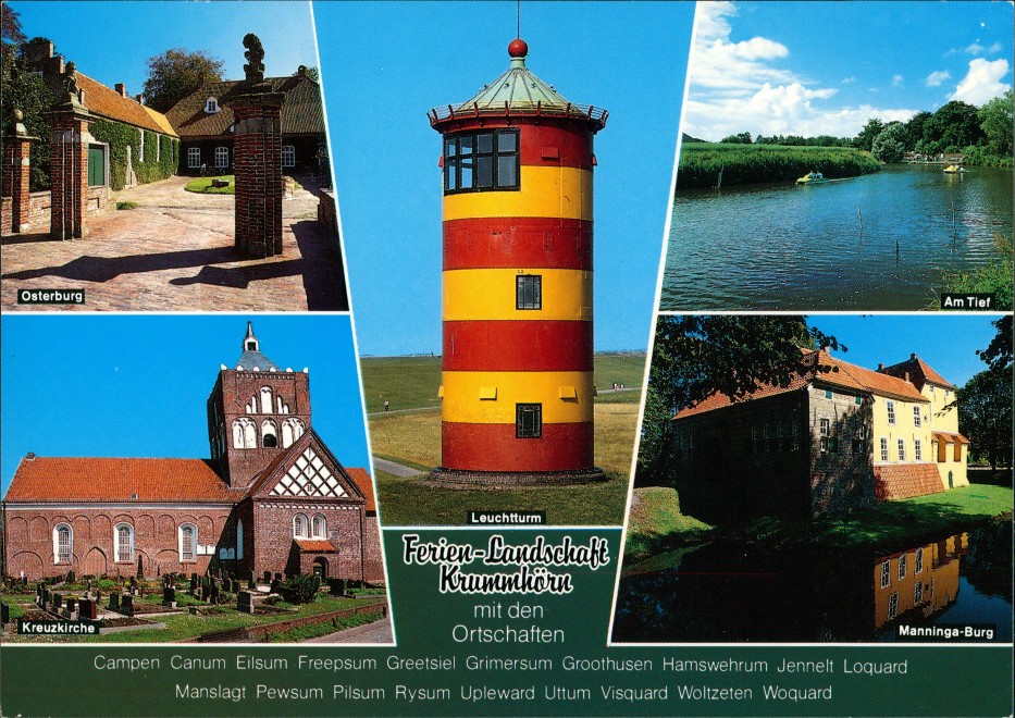 zoom: Image side vintage Postcard from 1991: Leuchtturm, Osterburg, Kreuzkirche, Tief, Manninga-Burg:: Greetsiel-Krummhörn