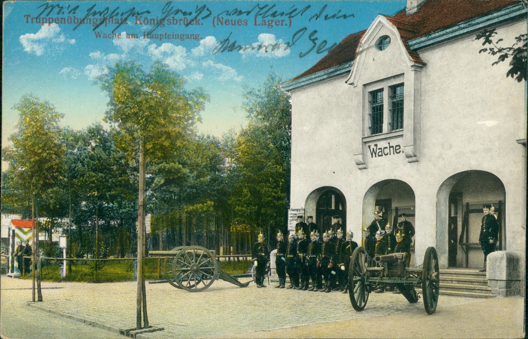 vergrößern: Bildseite historische Ansichtskarte von 1915: Truppenübungsplatz Wache Neues lager:: Königsbrück