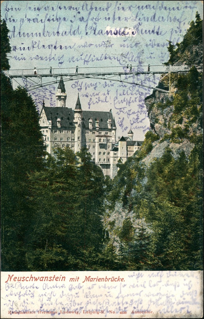vergrößern: Bildseite historische Ansichtskarte von 1904: Schloss Neuschwanstein - Marienbrücke:: Schwangau