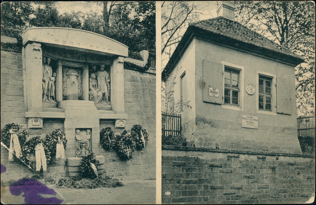 zoom: Image side vintage Postcard from 1914: 2 Bild: Schillerhaus und Denkmal:: Loschwitz-Dresden