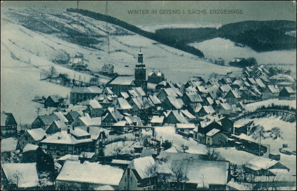 zoom: Image side vintage Postcard from 1931: Winter in der Stadt:: Geising-Altenberg (Saxony)