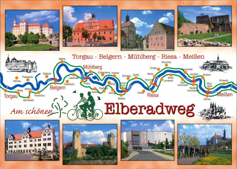 vergrößern: Bildseite historische Ansichtskarte von 2000: Elbe-Radweg rund um Riesa, Fluss-Verlauf, Radfahrerkarte::