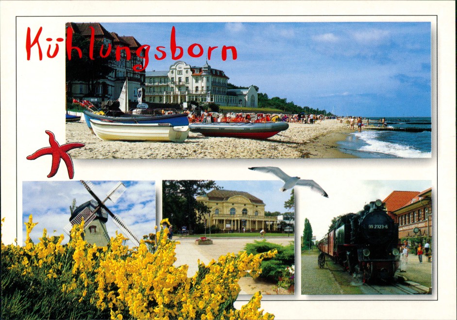 vergrößern: Bildseite historische Ansichtskarte von 2000: Strand, Boote, Windmühle, Schmalspurbahn:: Kühlungsborn