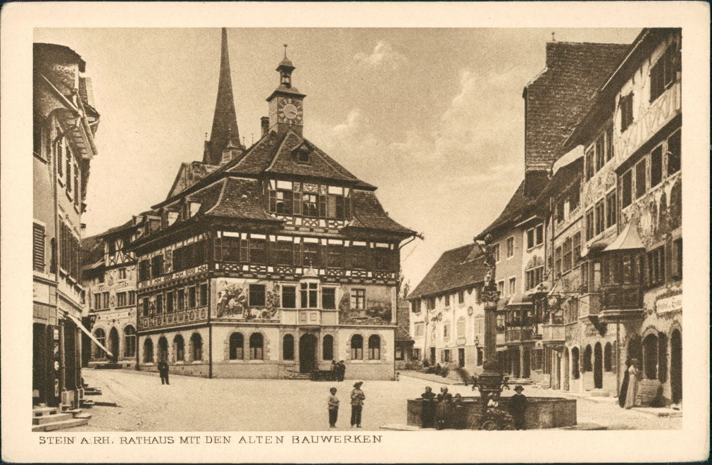 vergrößern: Bildseite historische Ansichtskarte von 1922: Rathaus und historische Bauwerke:: Stein am Rhein