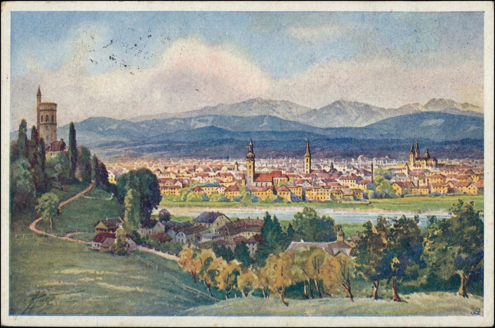 vergrößern: Bildseite historische Ansichtskarte von 1940: Blick auf die Stadt, Künstlerkarte:: Wels (Oberösterreich)