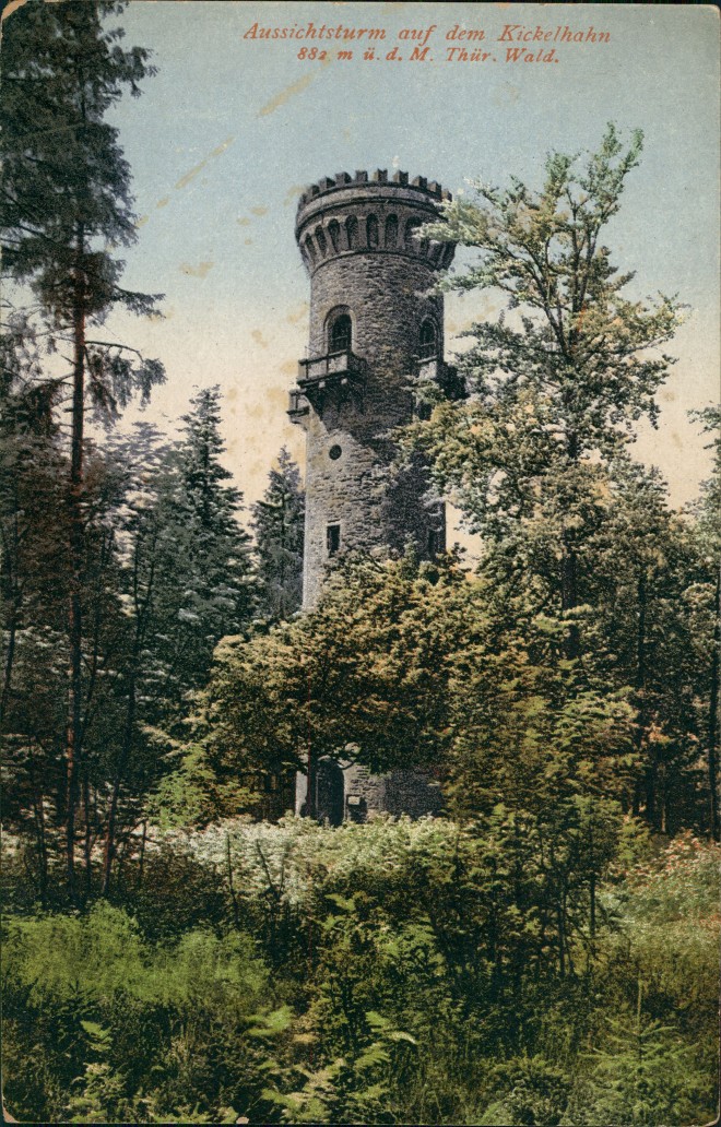 vergrößern: Bildseite historische Ansichtskarte von 1920: Aussichtsturm-Kickelhahn, Turm im Thüringer Wald:: Ilmenau