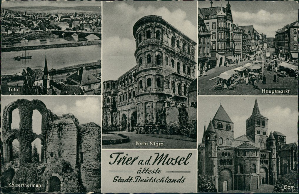 zoom: Image side vintage Postcard from 1960: Mehrbild-AK ua. Porta Nigra, Hauptmarkt, Dom uvm.:: Trier