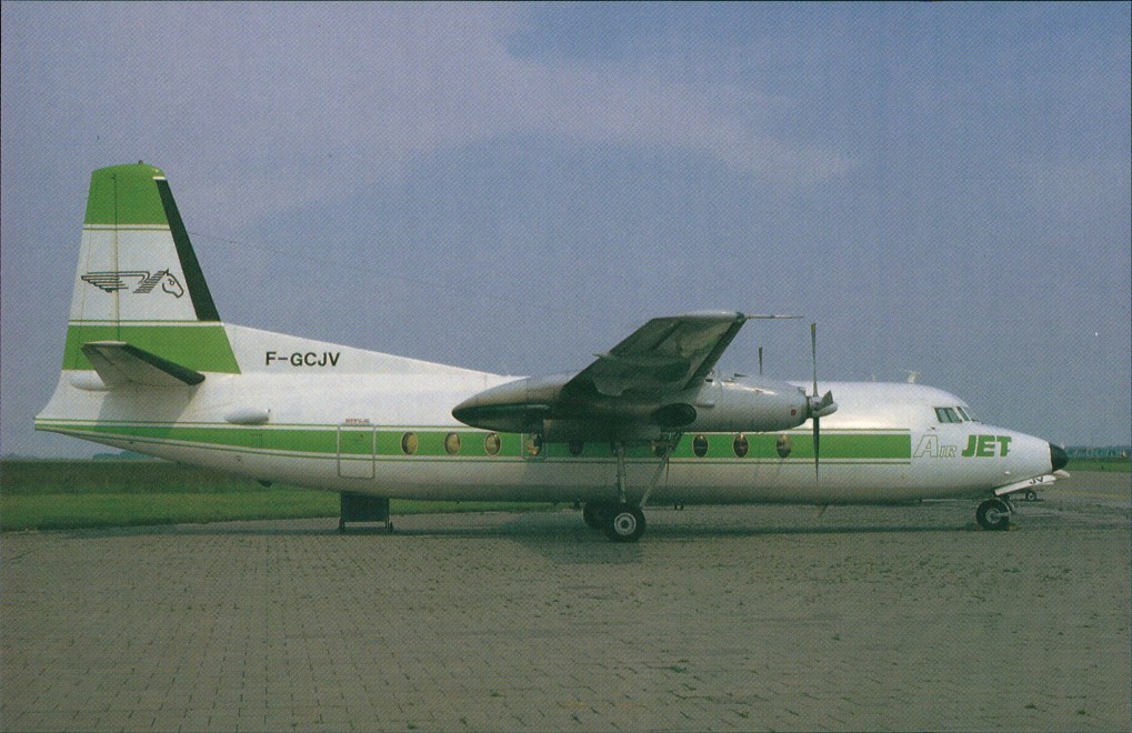 vergrößern: Bildseite historische Ansichtskarte von 1985: Propellerflugzeug F 27 Friendship - Fokkers Turboprop (F-GCJV) AirJet::