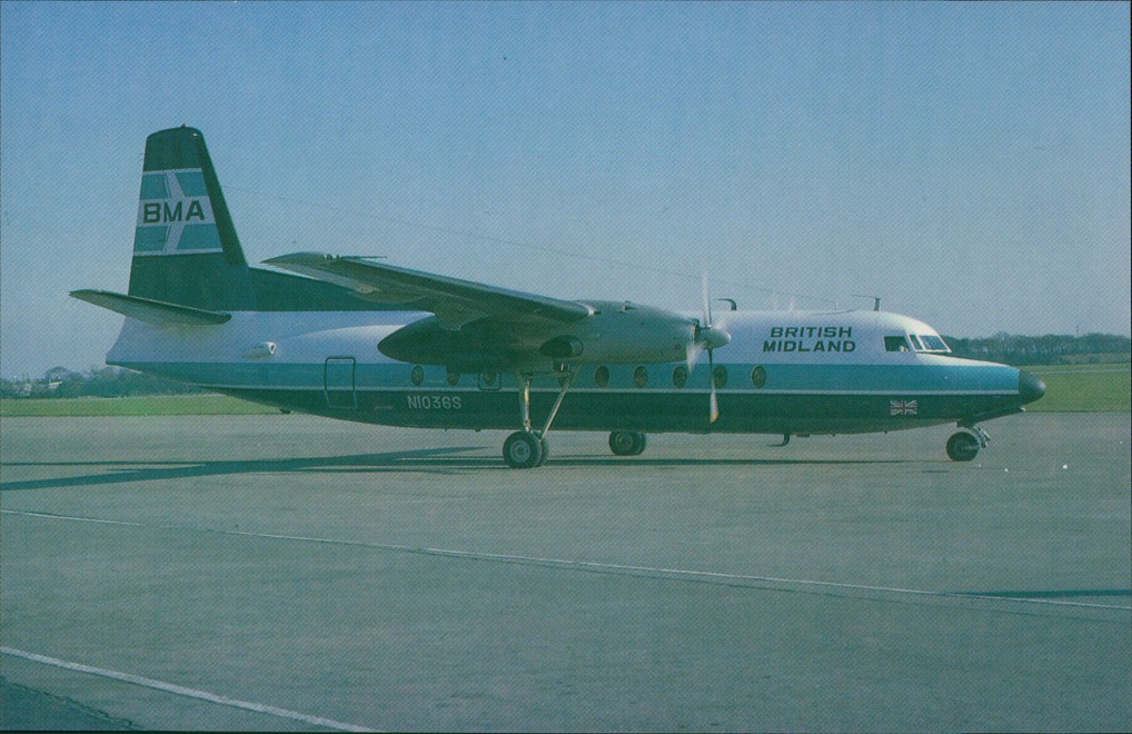 vergrößern: Bildseite historische Ansichtskarte von 1985: Propellerflugzeug F 27 Friendship - Fokkers Turboprop (N1036S) British Midland BMA::