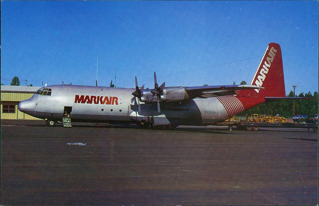 vergrößern: Bildseite historische Ansichtskarte von 1984: Propellerflugzeug Lockheed L.3826 N106AK c/n 4477 of MARKAIR::