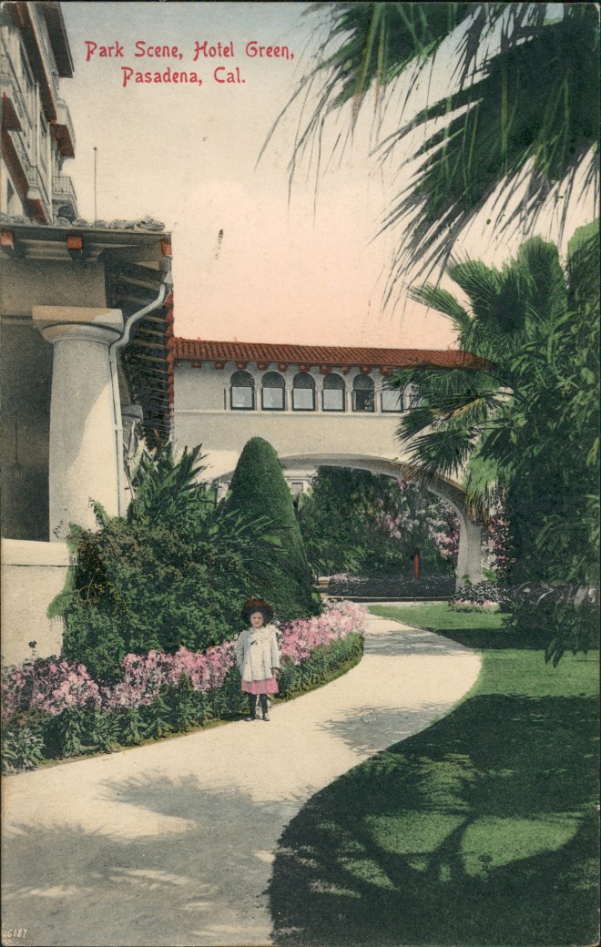 vergrößern: Bildseite historische Ansichtskarte von 1908: Park Scene Hotel Green:: Pasadena