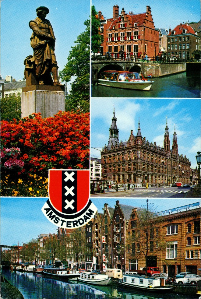 zoom: Image side vintage Postcard from 1990: Mehrbildkarte mit 4 Echtfoto-Ansichten:: Amsterdam
