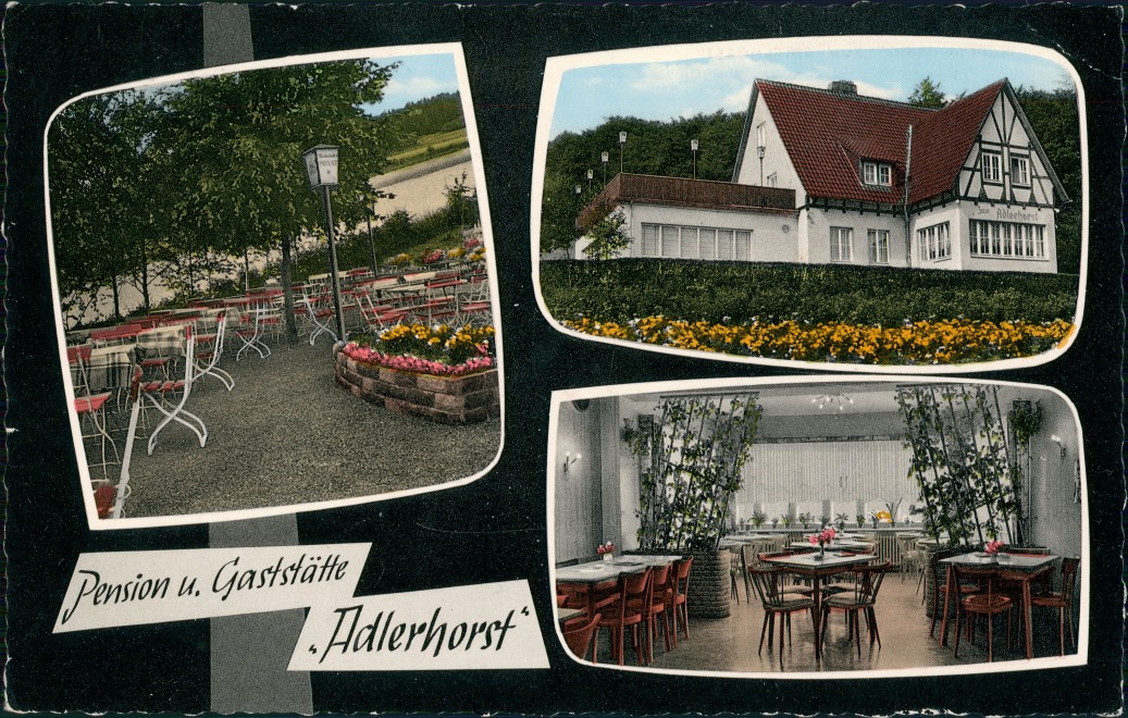 vergrößern: Bildseite historische Ansichtskarte von 1968: Umland-Ansicht 3 Fotos Waldgaststätte „ZUM ADLERHORST":: Ebergötzen