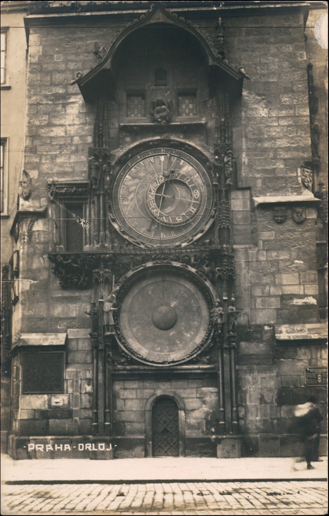 zoom: Image side vintage Postcard from 1926: Altes Gebäude Uhr Portal Eingang Orloj:: Prague