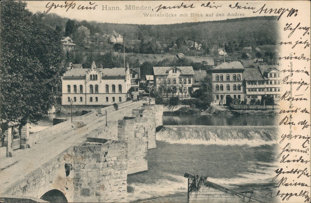vergrößern: Bildseite historische Ansichtskarte von 1901: Brücke und Straße:: Hann. Münden