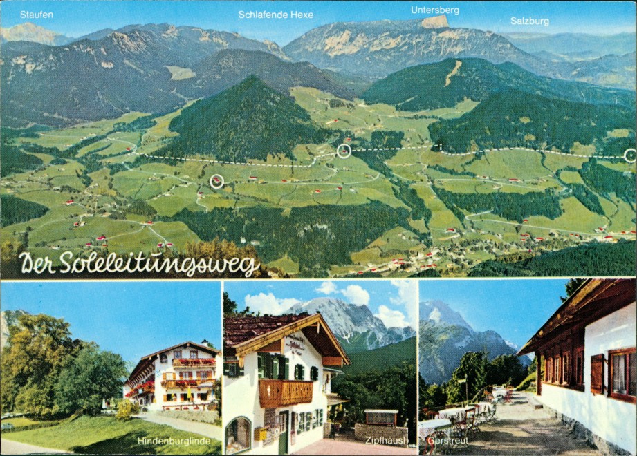 zoom: Image side vintage Postcard from 1989: Soleleitungsweg mit Hindenburglinde, Zipfhäusl und Gerstreut::