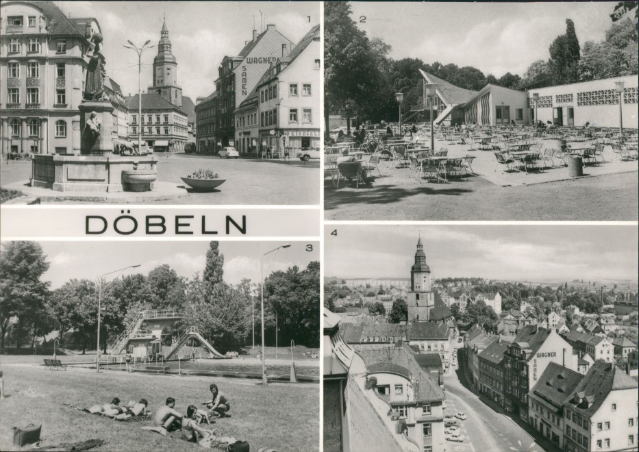 vergrößern: Bildseite historische Ansichtskarte von 1975: Roter Platz, HO Gaststätte, Freibad:: Döbeln