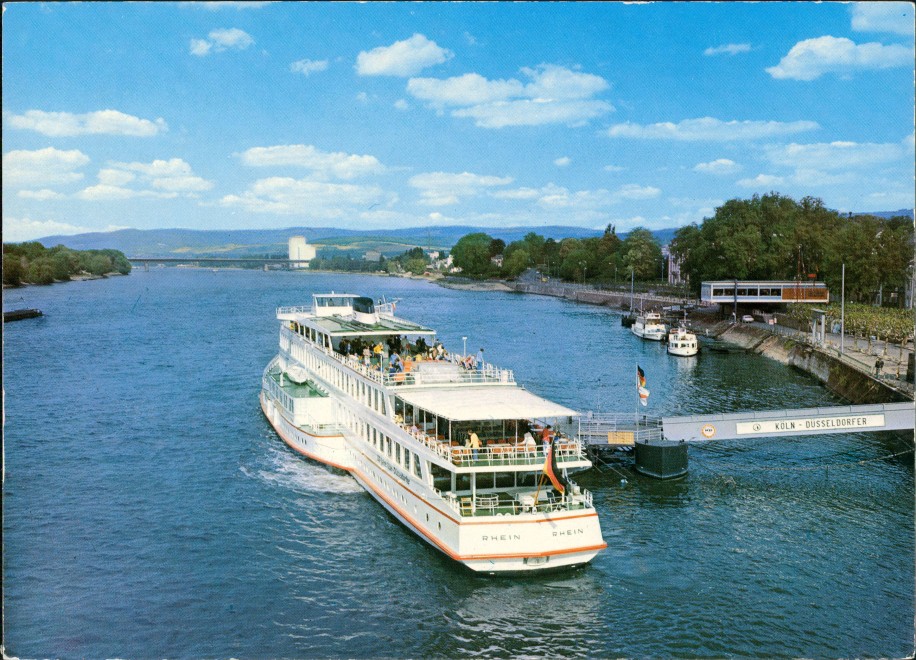 zoom: Image side vintage Postcard from 1975: Fahrgastschiff Personenschiffahrt Rhein Ufer Schiff Schiffsanleger::