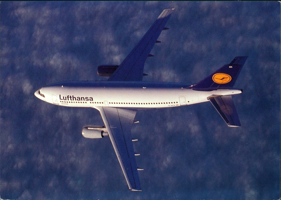 vergrößern: Bildseite historische Ansichtskarte von 1988: Lufthansa Airbus A310-200 Flugwesen - Flugzeuge draufsicht::