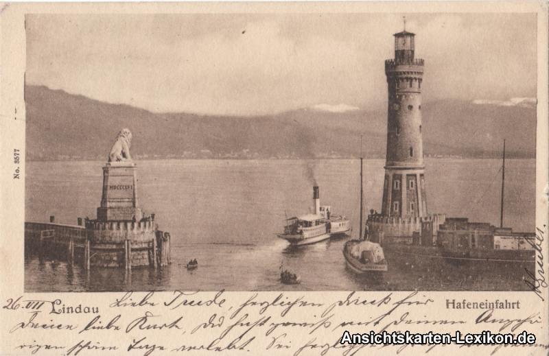 zoom: Image side vintage Postcard from 1902: Hafeneinfahrt:: Lindau (Bodensee)