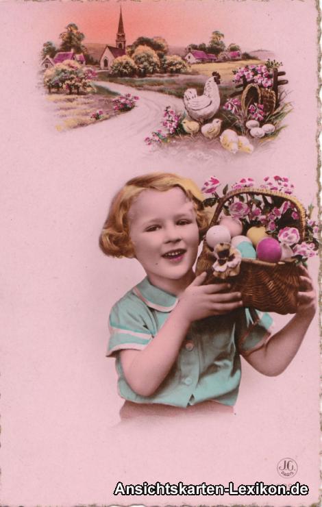 zoom: Image side vintage Postcard from 1955: 2-Bild: Ostergrüße - Mädchen mit Korb und Dorfpanorama::