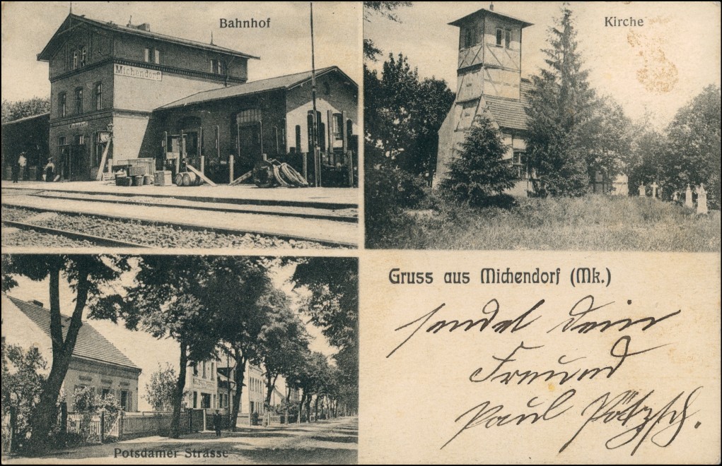 zoom: Image side vintage Postcard from 1910: Bahnhof, Potsdamer Straße, Kirche:: Michendorf