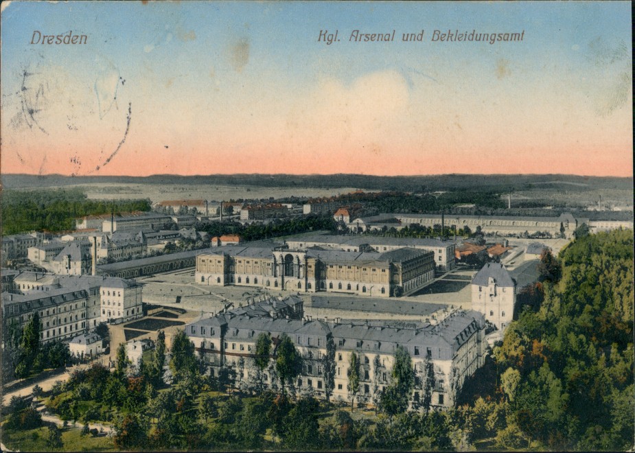 zoom: Image side vintage Postcard from 1912: Kgl. Arsenal und Bekleidungsamt:: Äußere Neustadt-Dresden