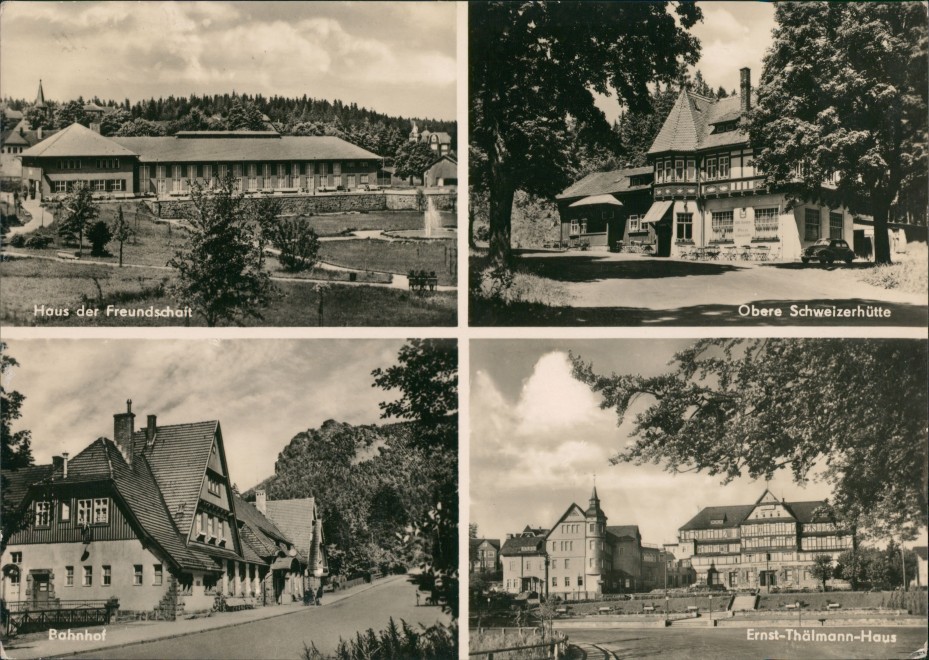 vergrößern: Bildseite historische Ansichtskarte von 1965: Stadtteilansichten DDR MB u.a. Bahnhof, Häuser, Schweizerhütte:: Oberhof (Thüringen)