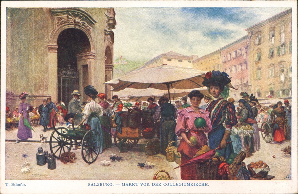 vergrößern: Bildseite historische Ansichtskarte von 1922: Markt vor der Collegiumkirche Künstlerkarte:: Salzburg