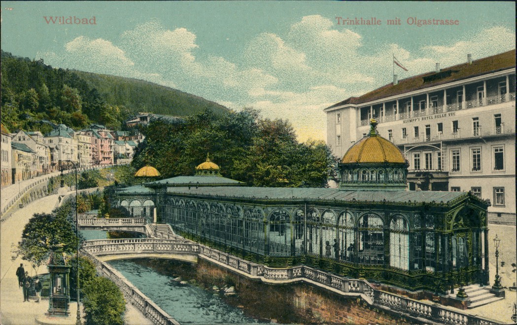 zoom: Image side vintage Postcard from 1910: Olgastrasse mit Trinkhalle, Stadtteilansicht:: Bad Wildbad