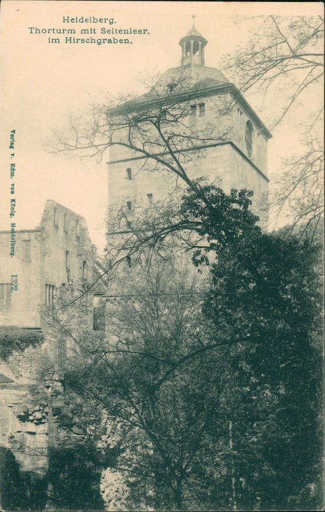 zoom: Image side vintage Postcard from 1900: Thorturm mit Seltenleer im Hirschgraben:: Heidelberg