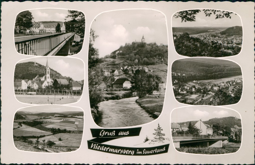 zoom: Image side vintage Postcard from 1960: Mehrbildkarte mit 7 Echtfoto-Ansichten:: Niedermarsberg-Marsberg