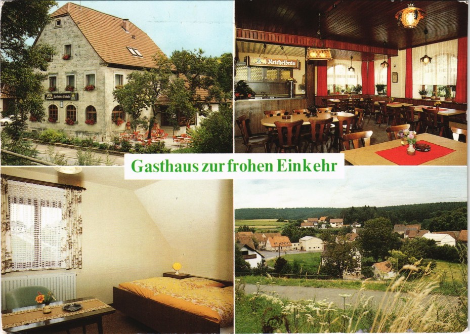 zoom: Image side vintage Postcard from 1996: Gasthaus zur frohen Einkehr Inh. Theo Schwab:: Frankfurt (Steigerwald)