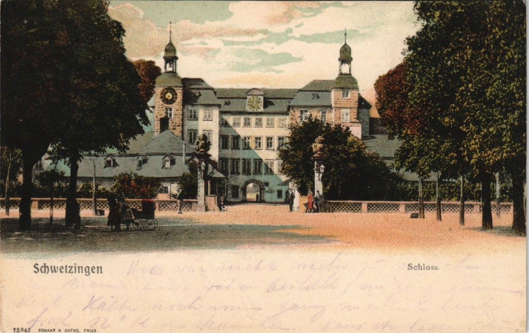 vergrößern: Bildseite historische Ansichtskarte von 1908: Schloss - Eingang:: Schwetzingen