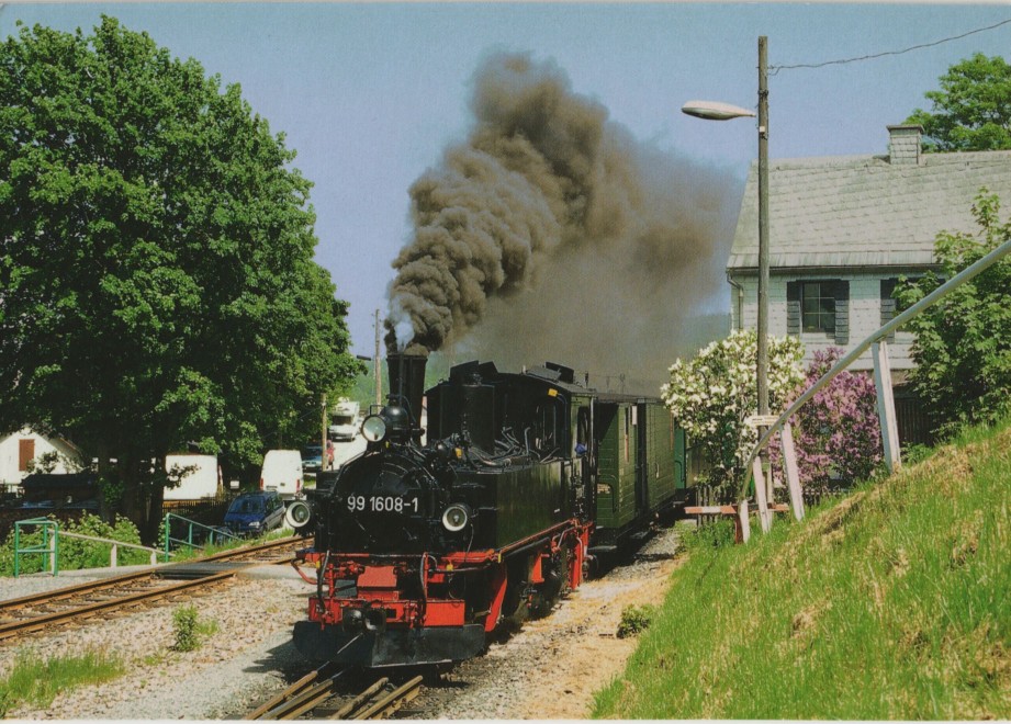 vergrößern: Bildseite historische Ansichtskarte von 1990: Schmalspurbahn Cranzahl-Kurort Oberwiesenthal Dampflok Foto-AK::
