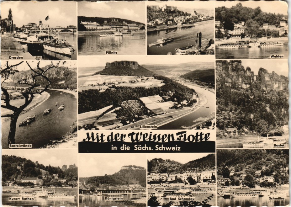 vergrößern: Bildseite historische Ansichtskarte von 1961: DDR Mehrbild-AK Sächsische Schweiz Schiffe der Weissen Flotte:: .Sachsen